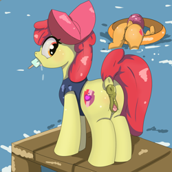 Size: 2000x2000 | Tagged: explicit, artist:hamsandwich, apple bloom, scootaloo, anus, apple bloom's bow, ass up, bloom butt, bottomless, bow, butt, casual nudity, clitoris, clothes, derpibooru exclusive, dock, duo, duo female, earth pony, female, foalcon, food, g4, genitals, hair bow, imported from derpibooru, inner tube, lake, looking back, mouth hold, nudity, partial nudity, pegasus, pier, plot, ponut, pony, pool toy, popsicle, purple mane, red mane, scootabutt, swimsuit, tail, the cmc's cutie marks, vulva, vulvar winking, water