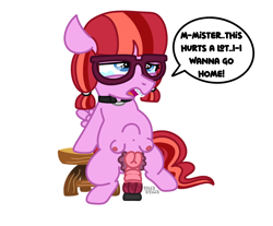 Size: 1448x1199 | Tagged: explicit, grimdark, artist:alleymutt, artist:follyfilly, oc, oc:cherry whisky, abdominal bulge, abuse, anal insertion, anal tugging, braces, choker, crotchboobs, crying, dialogue, dildo, dildo sitting, female, filly, foal, foal abuse, foalcon, forced, genitals, glasses, imported from derpibooru, insertion, looking at someone, masturbation, nipples, nudity, oc only, offscreen character, pain, painal, pegasus, pony, ponytails, pubic fluff, pubic hair, punishment, sex toy, simple background, solo, solo female, speech bubble, spread wings, table, teats, text, vulva, white background, wings