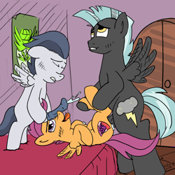 Size: 5811x5811 | Tagged: explicit, artist:gollygosh, scootaloo, abdominal bulge, age difference, bed, bedroom, bedroom eyes, blushing, brothers, colt, colt on filly, crotch bulge, cum, cum on body, cumming, female, filly, foal, foalcon, g4, imported from derpibooru, indoors, lip bite, lying down, male, missionary position, on back, on bed, orgasm, pegasus, penetration, pony, pony on pony action, rumble, semi-incest, sex, ship:rumbloo, ship:scootalane, shipping, siblings, spread wings, stallion, stallion on filly, straight, thunderlane, tongue out, trio, vaginal, wings