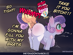 Size: 2668x2011 | Tagged: explicit, artist:inkyshadow, sweetie belle, abdominal bulge, anatomically incorrect, blank flank, butt, dialogue, disembodied penis, female, female focus, filly, foal, foalcon, g4, genitals, horn, horsecock, imported from derpibooru, japanese reading order, large penetration, nudity, offscreen character, penetration, penis, pony, sex, shocked, shocked expression, solo focus, tail, text, unicorn, vaginal, who needs organs?
