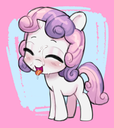 Size: 2595x2892 | Tagged: explicit, artist:sausagezzzz, sweetie belle, alternate version, cum, eyes closed, facial, foalcon, g4, happy, horn, imported from derpibooru, open mouth, pony, smiling, solo, standing, tongue out, unicorn