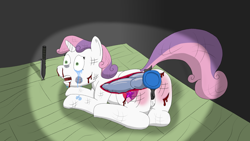Size: 3840x2160 | Tagged: explicit, grimdark, sweetie belle, abuse, anal insertion, anatomically incorrect, anonymous artist, big dildo, blood, bruised, crying, dildo, dock, female, filly, foal, foal abuse, foalcon, g4, genitals, horn, imported from derpibooru, incorrect leg anatomy, insertion, knife, knotted dildo, large insertion, nosebleed, nudity, part of a set, pony, rape, rectum, sex toy, sodomy, solo, solo female, sweetiebuse, tail, teeth, the cmc's cutie marks, unicorn, vulva, who needs organs?, x-ray