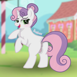Size: 3464x3464 | Tagged: explicit, artist:iluvhorses, sweetie belle, alternate version, anus, bipedal, blank flank, blurry background, blushing, butt, derpibooru exclusive, female, filly, foal, foalcon, g4, genitals, hair bun, horn, imported from derpibooru, lidded eyes, looking at you, nude version, nudity, open mouth, open smile, outdoors, plot, ponut, pony, ponyville schoolhouse, rearing, screenshot background, smiling, smiling at you, solo, solo female, sweetie butt, unicorn, vagina, vaginal secretions, vulva