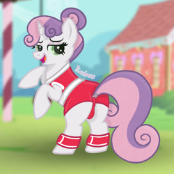 Size: 3464x3464 | Tagged: questionable, artist:iluvhorses, sweetie belle, bipedal, blank flank, blurry background, butt, cameltoe, clothes, covering, derpibooru exclusive, female, filly, foal, foalcon, g4, gameloft, gameloft interpretation, genitals, hair bun, horn, implied tail hole, imported from derpibooru, knee pads, lidded eyes, looking at you, my little pony: magic princess, nudity, open mouth, open smile, outdoors, plot, pony, ponyville schoolhouse, rearing, screenshot background, skintight clothes, smiling, smiling at you, solo, solo female, sultry pose, sweetie butt, tail, unicorn, vaginal secretion stain, vaginal secretions, vulva outline