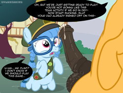 Size: 1238x935 | Tagged: explicit, artist:vwhiskers, oc, oc:flint spark, oc:freezy, age difference, braid, cum, degradation, earth pony, erection, exhibitionism, female, filly, foal, foalcon, genitals, girl scout, glasses, horsecock, house, imminent oral, imminent sex, imported from derpibooru, kneeling, male, nudity, oc only, offscreen character, oral request, outdoors, penis, pony, precum, pubic hair, scout uniform, sex request, show accurate, speech bubble, stallion, stallion on filly, straight, text, tree, uncertain, unsure, younger