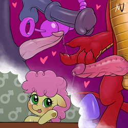 Size: 2048x2048 | Tagged: explicit, artist:multiverseequine, oc, age difference, anal beads, balls, blushing, buttplug, canon x oc, colored, colt, complex background, crossdressing, cum on hand, derpibooru exclusive, dildo, dragon, dragon dick, dragon oc, ear blush, earth pony, erection, eyelashes, eyes on the prize, fantasizing, foal, foalcon, frog (hoof), g4, gay, genitals, girly, heart, heart eyes, high res, horsecock, imported from derpibooru, leaning on table, li'l cheese, male, male symbol, males only, medial ring, non-pony oc, nudity, offscreen character, offscreen male, penis, pink mane, pony, precum, ridged penis, sex toy, shipping, size difference, table, tail, thought bubble, tongue out, trap, trio, trio male, underhoof, vein, veiny cock, wall of tags, wingding eyes