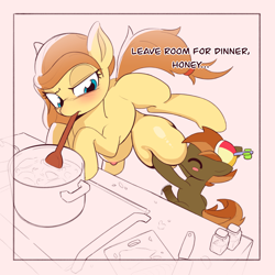 Size: 2048x2048 | Tagged: explicit, artist:keycg, button mash, oc, oc:cream heart, age difference, big crotchboobs, blank flank, blushing, breastfeeding, canon x oc, colt, cooking, cooking pot, crotchboobs, dialogue, duo, duo male and female, earth pony, female, foal, foalcon, g4, genitals, hat, huge crotchboobs, imported from derpibooru, incest, indoors, male, mother and child, mother and son, mouth hold, nipples, nudity, one leg raised, passepartout, penis, pony, precum, raised leg, ship:buttoncest, shipping, straight, suckling, text, wooden spoon