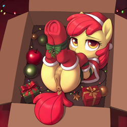 Size: 2480x2480 | Tagged: explicit, apple bloom, ai composition, ai content, anatomically correct, anus, apple ornament, artist needed, bow, box, christmas, christmas lights, christmas ornament, christmas presents, clothes, crotchboobs, decoration, delicious flat crotch, dock, earth pony, female, filly, foal, foalcon, frog (hoof), full body, fur trim, g4, genitals, gloves, hat, holiday, imported from derpibooru, indoors, legs in air, legs tied, looking at you, lying down, mistletoe, nipples, nudity, on back, pony, pony in a box, santa hat, star ornament, tail, teats, tied up, underhoof, vulva