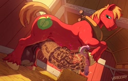 Size: 1280x815 | Tagged: explicit, grotesque, artist:voidlesky, spike, balls, barn, big balls, big macinpred, big macintosh, big penis, cock vore, crotch sniffing, dirty cock, dragon, duo, duo male, earth pony, foalcon, g4, gay, genitals, imported from derpibooru, impossible large dick, impossibly large balls, impossibly large penis, indoors, male, nudity, penis, pony, size difference, small penis, smegma, soft vore, spikeprey, stallion, sweat, sweaty balls, sweet apple acres, sweet apple acres barn, unshorn fetlocks, vore