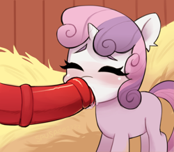 Size: 3000x2628 | Tagged: explicit, artist:sausagezzzz, sweetie belle, big macintosh, blank flank, blowjob, blushing, drool, earth pony, female, filly, foal, foalcon, g4, hay, horn, imported from derpibooru, licking, licking cock, male, nudity, oral, penis, pony, sex, shipping, straight, tongue out, unicorn