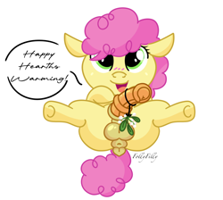 Size: 1448x1299 | Tagged: explicit, artist:alleymutt, artist:follyfilly, anus, balls, blush lines, blushing, christmas, colt, dialogue, dock, earth pony, fluffy mane, foal, foalcon, g4, genitals, hearth's warming, holiday, horsecock, imported from derpibooru, li'l cheese, male, mistletoe, nudity, open mouth, penis, ponut, solo, solo male, speech bubble, spread legs, spreading, tail, text