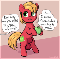 Size: 2072x2036 | Tagged: explicit, artist:heretichesh, alternate version, apple, balls, big balls, big macintosh, bipedal, colt, colt big macintosh, confused, dialogue, earth pony, foal, foalcon, food, g4, genitals, green apple, hoof hold, imported from derpibooru, innocent, male, nude version, nudity, oblivious, offscreen character, passepartout, pony, sheath, sheathed, solo, solo male, younger