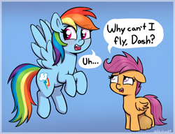 Size: 2046x1575 | Tagged: questionable, artist:heretichesh, rainbow dash, scootaloo, big crotchboobs, blank flank, blushing, crotchboobs, crotchboobs on floor, dialogue, duo, duo female, embarrassed, female, filly, floppy ears, flying, foal, foalcon, g4, gradient background, huge crotchboobs, imported from derpibooru, impossibly large crotchboobs, innocent, mare, nipples, nudity, oblivious, open mouth, passepartout, pegasus, pony, scootaloo can't fly, small wings, wings
