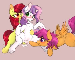 Size: 3000x2400 | Tagged: explicit, artist:rayelli, apple bloom, scootaloo, sweetie belle, bedroom eyes, blank flank, blush sticker, blushing, chest fluff, clitoris, crotchboobs, cute, cute porn, cutie mark crusaders, derpibooru exclusive, earth pony, female, females only, foalcon, foaldom, g4, genitals, horn, implied hoofjob, imported from derpibooru, lesbian, lying down, mare, nipples, nudity, pegasus, polyamory, pony, ship:sweetiebloomaloo, shipping, simple background, sitting, spread legs, spread wings, spreading, teats, threesome, trio, trio female, unicorn, vaginal secretions, vulva, vulvar winking, wings