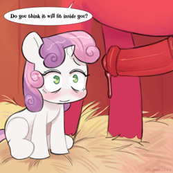 Size: 3000x3000 | Tagged: explicit, artist:sausagezzzz, sweetie belle, big macintosh, big penis, blank flank, blushing, earth pony, female, filly, foal, foalcon, g4, genitals, hay, horn, imported from derpibooru, male, nudity, penis, pony, ship:sweetiemac, shipping, sitting, size difference, straight, unicorn