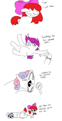 Size: 1486x2892 | Tagged: explicit, artist:tjpones, apple bloom, diamond tiara, scootaloo, sweetie belle, balls, big balls, big penis, blank flank, blood, comic, cutie mark crusaders, dialogue, earth pony, eyes closed, female, filly, floppy ears, foal, foalcon, funny porn, futa, futa apple bloom, futa filly, g4, genitals, horn, horsecock, hyper, hyper penis, imported from derpibooru, impossibly large balls, impossibly large penis, intersex, lying down, microphone, nosebleed, nudity, on back, open mouth, partial color, pegasus, penis, pony, scooter, simple background, teary eyes, tongue out, unicorn, volumetric mouth, white background