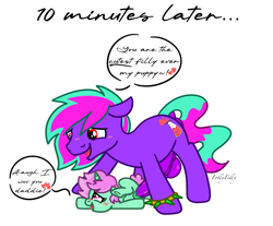 Size: 1448x1199 | Tagged: explicit, artist:alleymutt, artist:follyfilly, oc, oc:acid rave, oc:puppychow, abdominal bulge, age difference, balls, blushing, dialogue, duo, duo male and female, earth pony, father and child, father and daughter, female, femboy on female, filly, foal, foalcon, genitals, horn, horsecock, imported from derpibooru, incest, male, nudity, oc only, penetration, penis, pony, sex, show accurate, show accurate porn, simple background, size difference, speech bubble, spiked wristband, stallion, stallion on filly, straight, text, unicorn, vaginal, vulva, white background, wristband