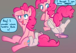 Size: 1024x712 | Tagged: explicit, artist:freckledcoat, pinkie pie, sweetie belle, age difference, anus, babysitting, blank flank, dialogue, duo, duo female, earth pony, female, filly, foal, foalcon, g4, genitals, gradient background, horn, implied facesitting, imported from derpibooru, lesbian, mare, mare on filly, nudity, pony, ship:sweetiepie, shipping, size difference, unicorn, vulva