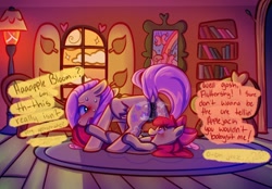Size: 2048x1423 | Tagged: explicit, artist:freckledcoat, apple bloom, fluttershy, anatomically correct, anus, babysitting, blackmail, blushing, bookshelf, butt, dark genitals, dialogue, dock, drool, duo, duo female, earth pony, female, filly, fluttershy's cottage, fluttershy's cottage (interior), foal, foalcon, foaldom, g4, genitals, imported from derpibooru, indoors, lesbian, looking back, lying down, mare, musk, musky, nudity, on back, on floor, open mouth, pegasus, ponut, pony, raised tail, ship:flutterbloom, shipping, spread legs, spreading, sweat, tail, vulva, window