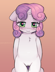 Size: 2384x3136 | Tagged: explicit, artist:sausagezzzz, sweetie belle, bipedal, blushing, female, filly, foal, foalcon, g4, genitals, gradient background, heart, heart eyes, horn, human vulva, human vulva on pony, imported from derpibooru, looking at you, nudity, pony, semi-anthro, solo, solo female, standing, unicorn, vaginal secretions, vulva, wingding eyes