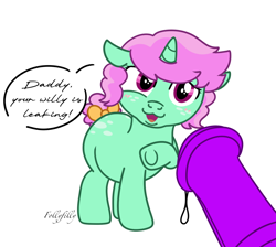 Size: 1448x1299 | Tagged: explicit, artist:alleymutt, artist:follyfilly, oc, oc:acid rave, oc:puppychow, age difference, blushing, bow, butt freckles, chubby, cum, dialogue, dripping precum, father and child, father and daughter, female, filly, foal, foalcon, freckles, genitals, horn, horsecock, implied incest, imported from derpibooru, leaking cum, male, nudity, oc only, oc x oc, offscreen character, open mouth, penis, pointing, pony, precum, raised hoof, shipping, short tail, simple background, speech bubble, stallion, stallion on filly, straight, tail, tail bow, text, unicorn, white background, yellow bow