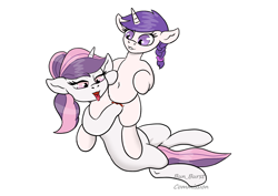 Size: 1754x1240 | Tagged: explicit, artist:bun_burst, oc, oc:snowie aura, age difference, alicorn, belly, belly button, commission, duo, duo female, female, filly, foal, foalcon, genitals, holding a pony, horn, imported from derpibooru, lesbian, mare, mare on filly, masturbation, nudity, oc only, open mouth, pony, simple background, tongue out, unicorn, vulva, white background