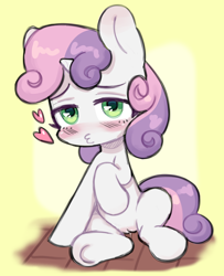 Size: 2310x2848 | Tagged: explicit, artist:sausagezzzz, sweetie belle, blank flank, cute, cute porn, female, filly, foal, foalcon, g4, genitals, heart, hooves, horn, imported from derpibooru, nudity, pony, sitting, solo, solo female, unicorn, vaginal secretions, vulva