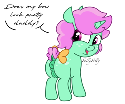 Size: 1448x1199 | Tagged: explicit, artist:alleymutt, artist:follyfilly, oc, oc:puppychow, anatomically correct, anus, blank flank, bow, butt, butt freckles, chubby, cute, dialogue, dock, female, filly, flank, foal, foalcon, freckles, g4, genitals, green fur, horn, implied incest, imported from derpibooru, looking at someone, nudity, oc only, offscreen character, pink mane, presenting, presenting butt, show accurate, show accurate porn, smiling, smiling at someone, solo, solo female, speech bubble, spots, tail, tail bow, text, unicorn, vulva, yellow bow, young