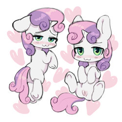 Size: 3000x3000 | Tagged: explicit, artist:sausagezzzz, sweetie belle, blank flank, blushing, butt, female, filly, foal, foalcon, g4, genitals, heart, horn, imported from derpibooru, lying down, nudity, pony, raised hoof, simple background, solo, solo female, unicorn, vagina, vulva, white background
