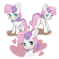 Size: 3000x3000 | Tagged: explicit, artist:sausagezzzz, sweetie belle, anus, blank flank, blushing, butt, cute, female, foal, foalcon, g4, genitals, heart, horn, imported from derpibooru, nudity, pony, solo, solo female, spread legs, spreading, unicorn, vulva