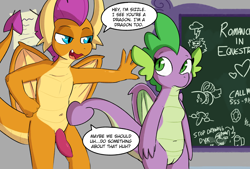 Size: 6403x4320 | Tagged: explicit, artist:tjpones, rarity, spike, oc, oc:dyx, absurd resolution, amogus, among us, anatomically correct, anthro, anus, barb, bedroom eyes, belly, belly button, breasts, butt, chalkboard, dragon, dragoness, duo, duo male and female, featureless breasts, female, flirting, foalcon, g4, genitals, height difference, imminent sex, imported from derpibooru, indoors, kilroy was here, lizard breasts, male, meme, nudity, penis, plot, ponut, rearity, rule 63, ship:barbolder, ship:spolder, shipping, smolder, smolder (male), speech bubble, straight, vulva