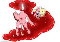 Size: 1754x1240 | Tagged: explicit, grimdark, grotesque, artist:bun_burst, oc, oc:rosegold, blood, creampie, cum, decapitated, earth pony, excessive blood, female, fetish, foalcon, genitals, gore, guro, implied oral, imported from derpibooru, nudity, oc only, pony, severed head, shocked, shocked expression, solo, solo female, tongue out, vaginal creampie, vulva