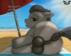 Size: 2243x1780 | Tagged: explicit, artist:pepperbun, alternate version, anus, balls, beach, beach towel, beach umbrella, butt, casual nudity, colt, dialogue, dock, foal, foalcon, g4, genitals, imported from derpibooru, looking at you, looking back, looking back at you, lying down, male, nudity, on side, outdoors, pegasus, plot, ponut, pony, rumble, solo, solo male, sun, tail, talking to viewer
