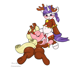 Size: 1634x1608 | Tagged: explicit, artist:bun_burst, oc, oc:rosegold, oc:snowie aura, animal costume, butt, cameltoe, commission, costume, cunnilingus, duo, duo female, eyes closed, female, filly, filly on filly, foal, foalcon, frog (hoof), genitals, hoofbutt, horn, imported from derpibooru, lesbian, nudity, oc only, oc x oc, oral, pegasus, plot, pony, reindeer costume, sex, shipping, simple background, tongue out, underhoof, unicorn, vaginal secretions, vulva, white background