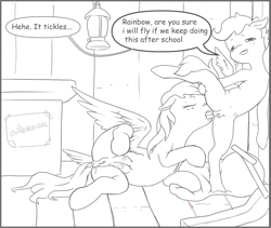 Size: 1832x1547 | Tagged: explicit, artist:starvingunicorn, rainbow dash, scootaloo, age difference, anus, clubhouse, crotchboobs, crusaders clubhouse, delicious flat crotch, female, filly, foal, foalcon, g4, genitals, imported from derpibooru, indoors, lantern, lesbian, lineart, mare, mare on filly, nipples, nudity, pegasus, ponut, pony, ship:scootadash, shipping, speech bubble, teats, text, tongue out, vulva, wooden floor, wooden walls
