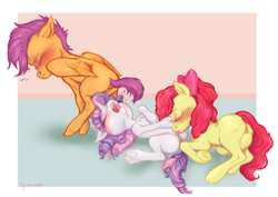 Size: 1943x1373 | Tagged: explicit, artist:ponie666, apple bloom, scootaloo, sweetie belle, anatomically correct, anus, blank flank, blushing, blushing profusely, bow, classical unicorn, clit sucking, clitoral stimulation, clitoris, cloven hooves, cunnilingus, curly mane, cutie mark crusaders, earth pony, female, filly, filly on filly, foal, foalcon, foaldom, g4, group sex, hair bow, horn, imported from derpibooru, lesbian, masturbation, moaning, moaning in pleasure, nudity, open mouth, oral, orgasm, overstimulation, pegasus, polyamory, ponut, pony, pony on pony action, reverse foalcon, ringlets, ruined orgasm, sex, ship:scootabelle, ship:scootabloom, ship:sweetiebloom, ship:sweetiebloomaloo, shipping, short mane, simultaneous orgasm, squirting, threesome, trio, trio female, unicorn, unshorn fetlocks, vaginal hoofing, vaginal orgasm, vaginal secretions, vulva, vulvar winking