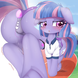 Size: 3825x3833 | Tagged: explicit, artist:an-m, art pack:fillypack 3, alternate version, anal insertion, anus, blushing, butt, buttplug, censored, clothes, dock, female, filly, floppy ears, foal, foalcon, frog (hoof), g4, genitals, gym uniform, imported from derpibooru, insertion, nudity, outdoors, panties, panties aside, pegasus, polo shirt, pony, rear view, sex toy, shorts, sweat, tail, underhoof, underwear, vaginal secretions, vibrator, vulva, wind sprint