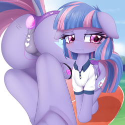 Size: 3825x3833 | Tagged: explicit, artist:an-m, art pack:fillypack 3, alternate version, anal insertion, anus, blushing, butt, buttplug, censored, clothes, dock, female, filly, floppy ears, foal, foalcon, frog (hoof), g4, genitals, gym uniform, imported from derpibooru, insertion, nudity, outdoors, panties, panties aside, pegasus, polo shirt, pony, rear view, sex toy, shorts, tail, underhoof, underwear, vaginal secretions, vibrator, vulva, wind sprint