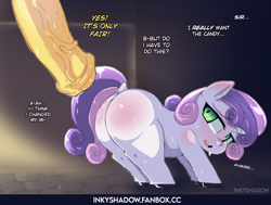 Size: 970x733 | Tagged: explicit, artist:inkyshadow, sweetie belle, blank flank, butt, dock, foal, foalcon, g4, genitals, horn, horsecock, imported from derpibooru, japanese reading order, nudity, penis, pony, presenting, presenting butt, tail, text, unicorn