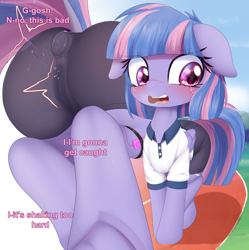 Size: 3825x3833 | Tagged: explicit, artist:an-m, art pack:fillypack 3, alternate version, anal insertion, blushing, butt, buttplug, cameltoe, clothes, dialogue, dock, female, filly, floppy ears, foal, foalcon, frog (hoof), g4, gym shorts, gym uniform, imported from derpibooru, insertion, outdoors, part of a set, pegasus, polo shirt, pony, rear view, sex toy, shorts, solo, solo female, sweat, tail, underhoof, vaginal secretions, wind sprint