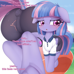 Size: 3825x3833 | Tagged: explicit, artist:an-m, art pack:fillypack 3, alternate version, anal insertion, blushing, butt, buttplug, cameltoe, clothes, dialogue, dock, female, filly, floppy ears, foal, foalcon, frog (hoof), g4, gym shorts, gym uniform, imported from derpibooru, insertion, outdoors, part of a set, pegasus, polo shirt, pony, rear view, sex toy, shorts, solo, solo female, tail, underhoof, wind sprint