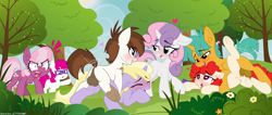 Size: 4069x1728 | Tagged: explicit, artist:sherathoz, artist:tolpain, sweetie belle, anus, balls, blank flank, blushing, butt, cheerilee, clitoris, collaboration, colt, colt on filly, crotchboobs, dark genitals, delicious flat crotch, dinky hooves, dock, doggy style, ear fluff, earth pony, equine, female, filly, foal, foalcon, from behind, g4, genitals, glasses, glasses off, group sex, heart, heart eyes, horn, imported from derpibooru, little red, looking at each other, looking at someone, male, nipples, nudity, outdoor sex, outdoors, penetration, penis, pipsqueak, plot, pony, sex, ship:dinkysqueak, ship:snailstwist, shipping, smiling, smiling at each other, snails, straight, tail, teats, tree, twist, underhoof, unicorn, vaginal, vaginal secretions, vulva, wingding eyes
