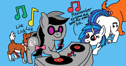 Size: 3999x2100 | Tagged: explicit, artist:sugar and spice productions, anus, bestiality, blue background, bow, butt, butt to butt, butt touch, canine penis, casual sex, creampie, cum, cunnilingus, dj pon-3, dj table, dog, dog on filly action, dog on pony action, earth pony, female, female to male, filly, foal, foalcon, g4, hair bow, horn, imported from derpibooru, interspecies, knot, knotted, knotted penis, mare, music, music notes, not octavia, nudity, onomatopoeia, oral, penetration, penis, pigtails, pony, rule 63, sex, simple background, sunglasses, symphonia melody, tail, teaching, text, unicorn, vaginal, vaginal creampie, vinyl scratch, vinyl's glasses, winona