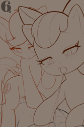Size: 1200x1800 | Tagged: explicit, artist:6i6as, apple bloom, scootaloo, after kiss, cowgirl position, earth pony, foal, foalcon, g4, genitals, group sex, human, imported from derpibooru, interspecies, nudity, pegasus, penis, pony, pony on human action, sex, threesome, tongue out, trio