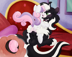 Size: 2500x2000 | Tagged: explicit, artist:euspuche, sweetie belle, oc, oc:zenawa skunkpony, age difference, anus, balls, big penis, blank flank, blushing, butt, butt blush, butt touch, canon x oc, claws, couch, cowgirl position, dock, earth pony, earth pony oc, face licking, fainting couch, fangs, female, filly, first time, foal, foalcon, frog (hoof), g4, genitals, high res, holding, horn, horsecock, hybrid, hybrid oc, imported from derpibooru, indoors, internal, licking, lidded eyes, looking at each other, looking at someone, male, nudity, open mouth, paws, penetration, penis, pony, raised tail, riding, riding cock, sex, shipping, sitting, sitting on lap, skunk, skunk pony, spread legs, spreading, stallion, stallion on filly, straight, tail, tongue out, underhoof, unicorn, unshorn fetlocks, vaginal, vaginal secretions, wet