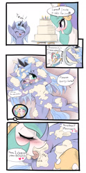 Size: 1024x2068 | Tagged: questionable, artist:phoenixperegrine, princess celestia, princess luna, alicorn, blushing, butt, cake, cakelestia, candle, comic, cunnilingus, dialogue, dock, english, female, filly, filly luna, foal, foalcon, food, g4, imported from derpibooru, incest, labia, lesbian, mare, oral, plot, pony, royal sisters, sex, ship:princest, shipping, simple background, smiling, strategically covered, tail, woona, younger