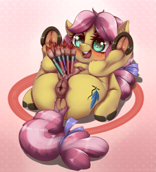 Size: 1860x2052 | Tagged: explicit, artist:dankflank, adorasexy, anatomically correct, anus, brush, crotchboobs, cute, dock, earth pony, female, filly, foal, foalcon, frog (hoof), g4, gradient background, imported from derpibooru, insertion, kettle corn, marks and recreation, multicolored hair, multiple insertion, my little pony: friendship is magic, nipples, nudity, ponut, pony, puckered asshole, ribbon, sexy, smiling, solo, solo female, teats, underhoof, vaginal insertion, vulva
