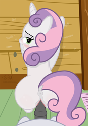 Size: 2606x3735 | Tagged: explicit, artist:shutterflyeqd, sweetie belle, against wall, alternate version, anus, back, bedroom eyes, blank flank, blushing, butt, colt, colt on filly, doggy style, female, female focus, filly, foal, foalcon, from behind, g4, high res, horsecock, imported from derpibooru, looking back, male, nudity, penetration, penis, plot, ponut, pony, rumble, sex, ship:rumbelle, shipping, show accurate, show accurate porn, solo focus, straight, sweetie butt, unicorn, vaginal, vulva
