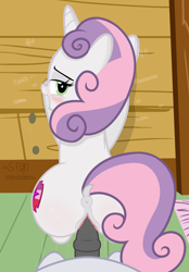 Size: 2606x3735 | Tagged: explicit, artist:shutterflyeqd, sweetie belle, anatomically correct, back, bedroom eyes, blushing, butt, clitoris, colt, colt on filly, dark genitals, dock, dripping, female, female focus, filly, foal, foalcon, g4, genitals, high res, imported from derpibooru, looking at you, looking back, male, male pov, mare, nudity, offscreen character, penetration, penis, plot, pony, pov, rumble, sex, ship:rumbelle, shipping, show accurate, show accurate porn, signature, solo focus, spreading, straight, sweetie butt, table, the cmc's cutie marks, unicorn, vaginal, vaginal secretions, vector, vulva