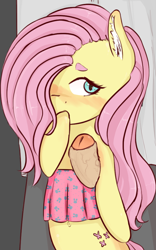 Size: 610x978 | Tagged: explicit, artist:jonathan the awesome, fluttershy, armpit fetish, axillism, belly, belly button, bipedal, blushing, covering mouth, derpibooru exclusive, ear fluff, eyebrows, female, fetish, filly, foal, foalcon, g4, hair over one eye, human, human male, human male on filly, human on pony action, human penis, imported from derpibooru, interspecies, looking at you, male, nudity, pegasus, penis, pony, semi-anthro, sex, simple background, straight, tube top, younger
